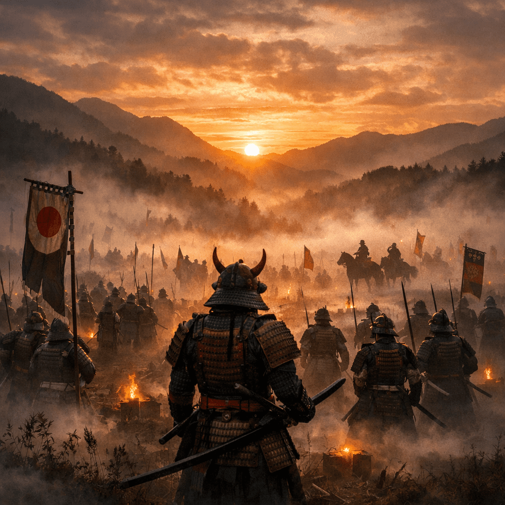 Armored samurai warriors gathering with flags and horses at sunrise in a misty mountain valley