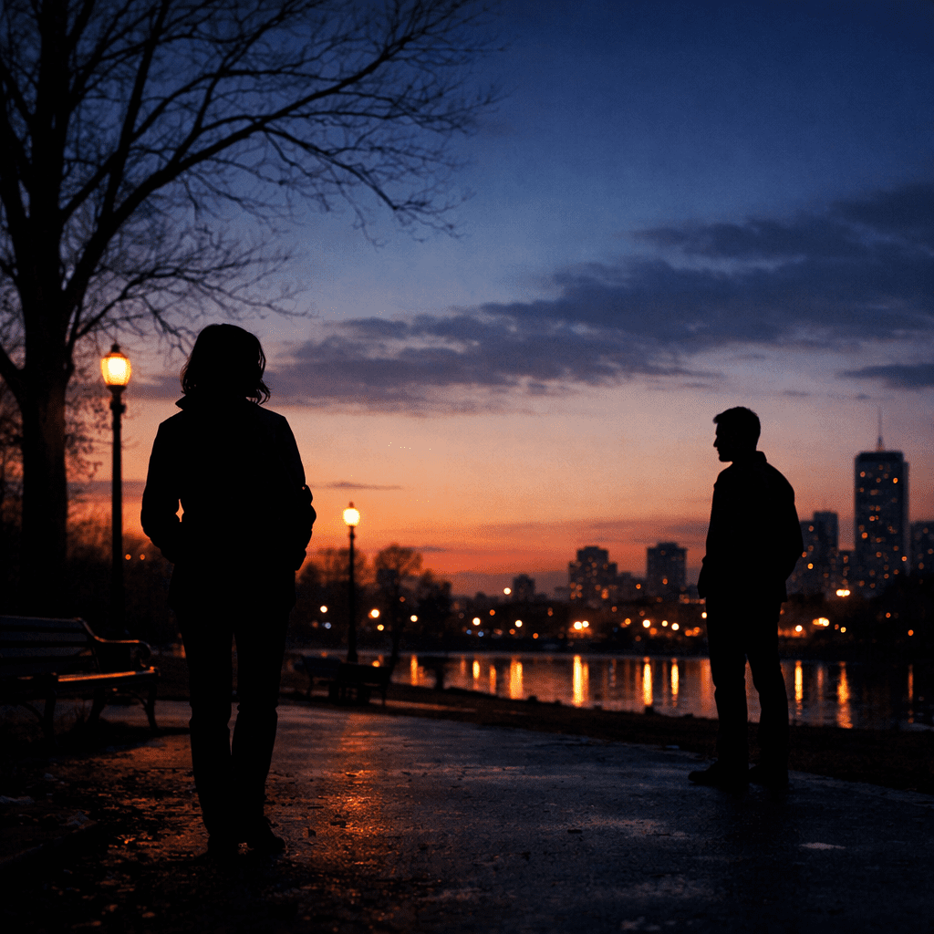 Silhouettes of two people standing on a park path at dusk with city skyline and street lamps in background