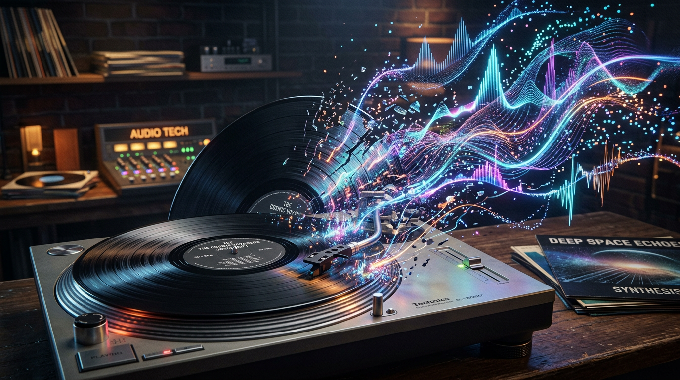 Vinyl turntable playing records with dynamic colorful sound wave effects